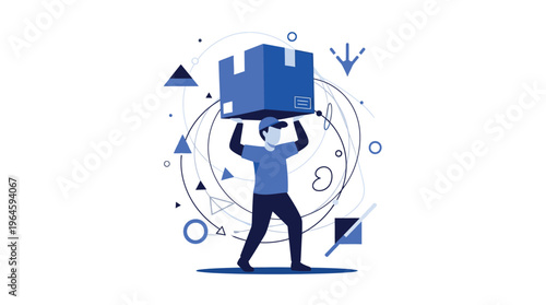 Man carrying a large blue box.