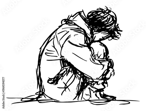 Depressed person sitting curled up in ball showing despair or ptsd in sketch style