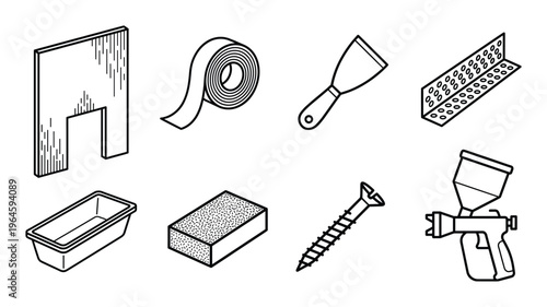 Construction tools and materials line icons on transparent background