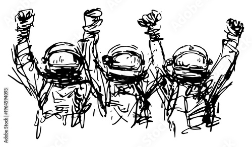 Soldiers cheering with raised arms in a hand drawn sketch style