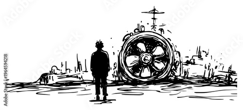 Person standing in front of giant abandoned turbine engine wreckage sketch style