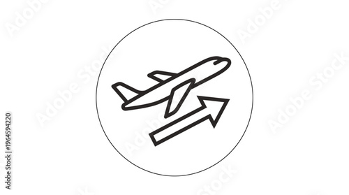 Airplane Taking Off Departure Arrow Outline Icon in Circle on Isolated White Background