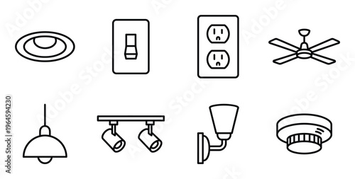 Electrical fixtures and lighting icon set including wall switch and ceiling fan with power outlet