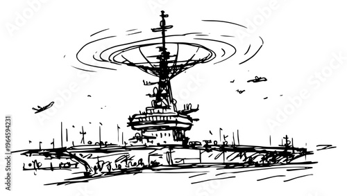 Aircraft carrier with large rotating radar dish in ocean sketch style