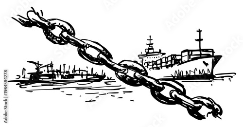Heavy anchor chain in foreground with cargo ship in harbor sketch style
