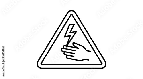Electric Shock Warning Sign Hand Touching Lightning Bolt Isolated White Background, Direct Contact Hazard