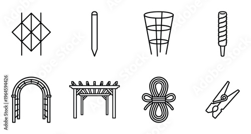 Garden equipment and landscaping tools icons featuring trellis pergola plant supports and rope bundle
