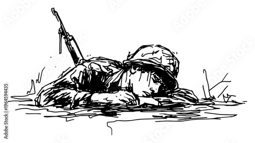 Soldier lying on the ground in combat zone in expressive ink sketch style