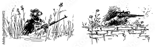 Snipers and tactical soldiers in camouflage hiding in grass in detailed ink sketch style