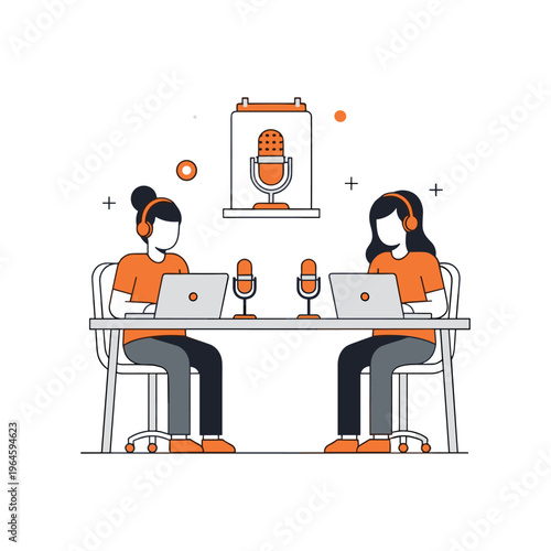 Two people podcasting at table with microphones and laptops.