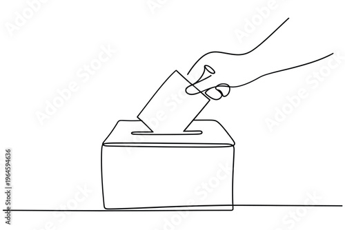 A single line drawing of a hand placing a ballot into a box