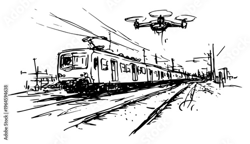 Commuter train traveling on tracks with a surveillance drone hovering above in a hand drawn sketch style