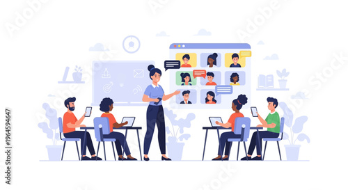 Blended Learning Hybrid Classroom Concept: Teacher educating diverse students in person and connecting with remote participants via video conferencing and virtual online screen.