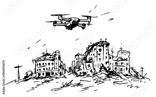 Drone flying over ruined and destroyed buildings in a war zone in a hand drawn sketch style