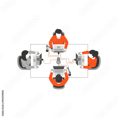 Four people in podcast studio top view microphones and laptops.