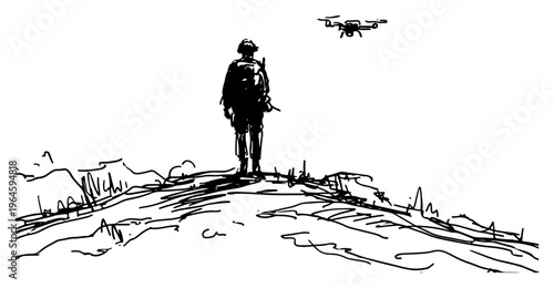 Soldier on hill ridge observing landscape with flying surveillance drone sketch
