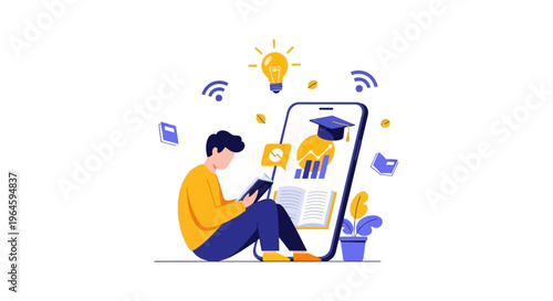 Mobile E-learning Concept: Student Studying Online Using Smartphone Application for Distance Education, Digital Knowledge, and Remote Learning Technology Vector Illustration