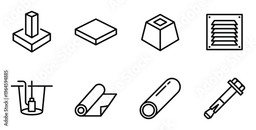 Industrial construction hardware icons set of foundation blocks and structural building components