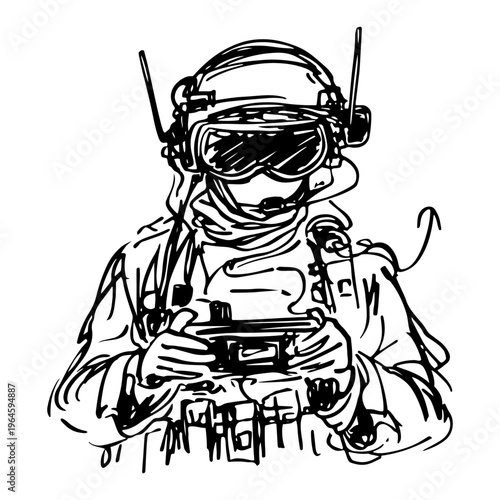 Tactical operator using remote control for drone wearing helmet and visor sketch