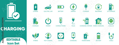 Charging Solid icon set. power, energy, charged, illustration, fast, home, wireless, charge, set, phone, and solid icon collection. 