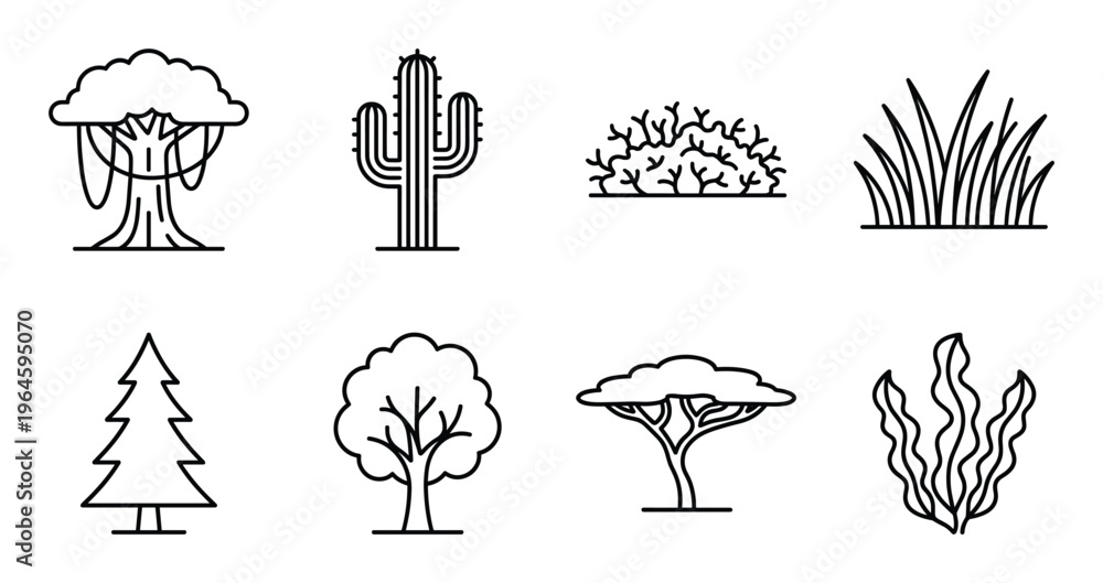 Fototapeta premium Landscape vegetation icons including banyan tree cactus shrub grass spruce and seaweed linear symbols