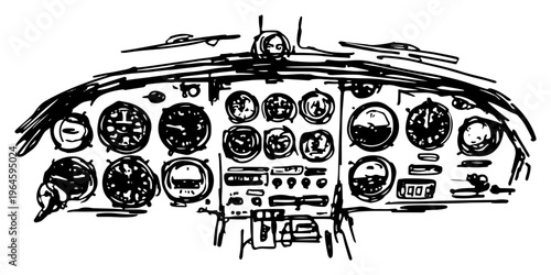 Aircraft cockpit instrument panel with various dials and gauges in hand drawn sketch style