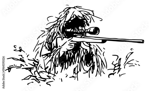 Sniper wearing ghillie suit aiming long range rifle in hand drawn sketch style