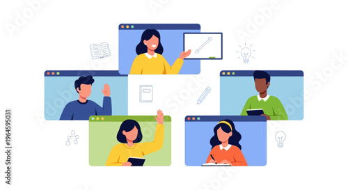 Virtual Classroom Video Call: Teacher and Diverse Students Learning Remotely via E-learning Platform. Flat Vector Illustration.