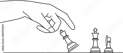 Business strategy, chess pieces, hand moving pawn, vector illustration, black and white