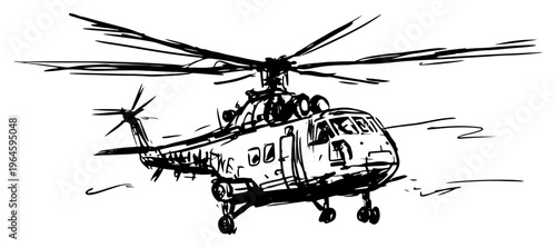 Military transport helicopter in flight in hand drawn sketch style