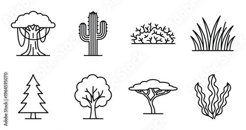 Landscape vegetation icons including banyan tree cactus shrub grass spruce and seaweed linear symbols