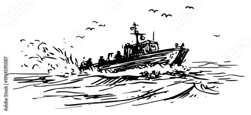 Military patrol boat sailing fast on rough sea in hand drawn sketch style