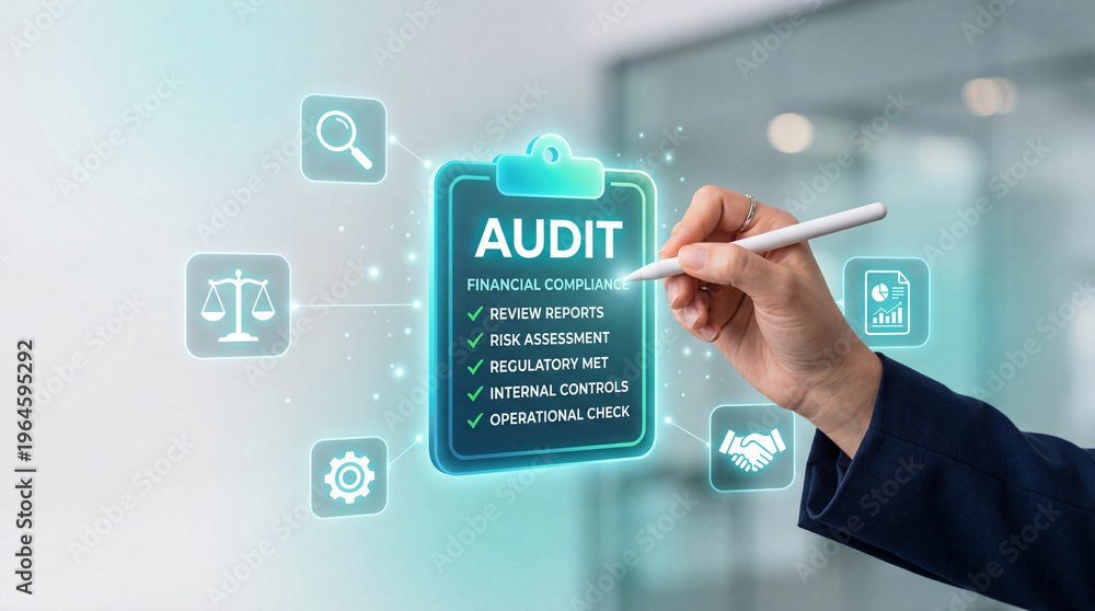 Obraz premium Audit financial compliance checklist on glowing clipboard held by business person using stylus, showing review reports, risk assessment, regulatory met, internal controls and operational check