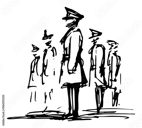 Military officers standing in formation line during ceremony in hand drawn sketch style