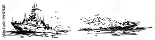 Naval ship and patrol boat on the water in a hand drawn sketch style