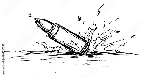 Large caliber bullet hitting the water surface with a splash in a hand drawn sketch style