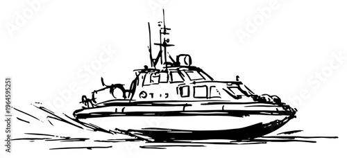 Coast guard patrol boat moving at speed on the water in a hand drawn sketch style