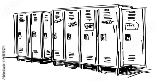 Row of old school lockers with graffiti in a hand drawn sketch style