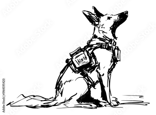 Photos Military working dog wearing tactical harness sitting in alert pose in hand draw