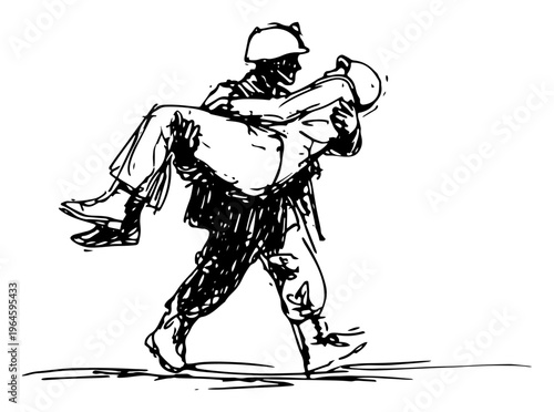 Soldier carrying wounded comrade on battlefield in expressive ink sketch style