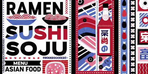 Colorful pop art style menu featuring ramen sushi soju and asian food