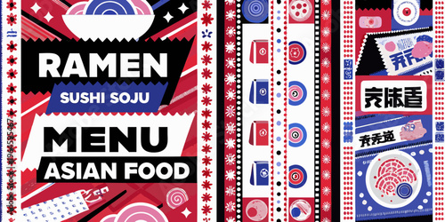 Colorful asian food menu featuring ramen sushi and soju illustrations