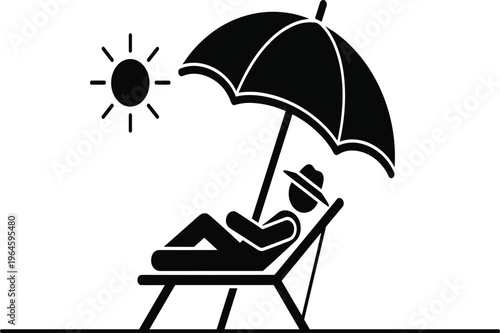Black and white of a person reclining on a beach chair under an umbrella