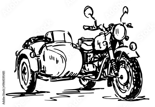 Vintage military motorcycle with sidecar in expressive hand drawn sketch style