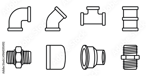 Plumbing pipe fittings including elbows, tees, connectors, adapters, and couplings, line art