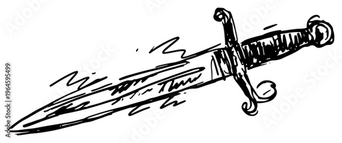 Medieval dagger with ornate crossguard and textured grip black and white sketch