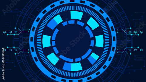 Abstract digital circuit board with glowing blue concentric rings and connections