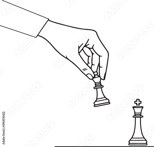 Hand moving chess piece, strategic game concept, black and white vector illustration, checkmate idea