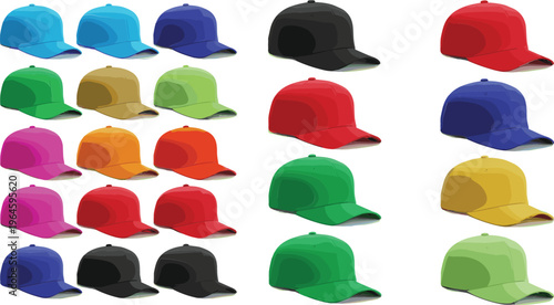 Baseball Cap Collection Vector Set with Colorful Snapback Hats in Different Colors for Fashion Streetwear Branding Mockups and Casual Apparel Design