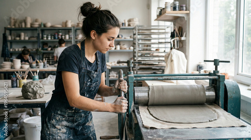 A focused young woman in a messy apron uses a slab roller to flatten clay in a pottery studio. She is surrounded by shelves of ceramics in her creative craft workspace.
